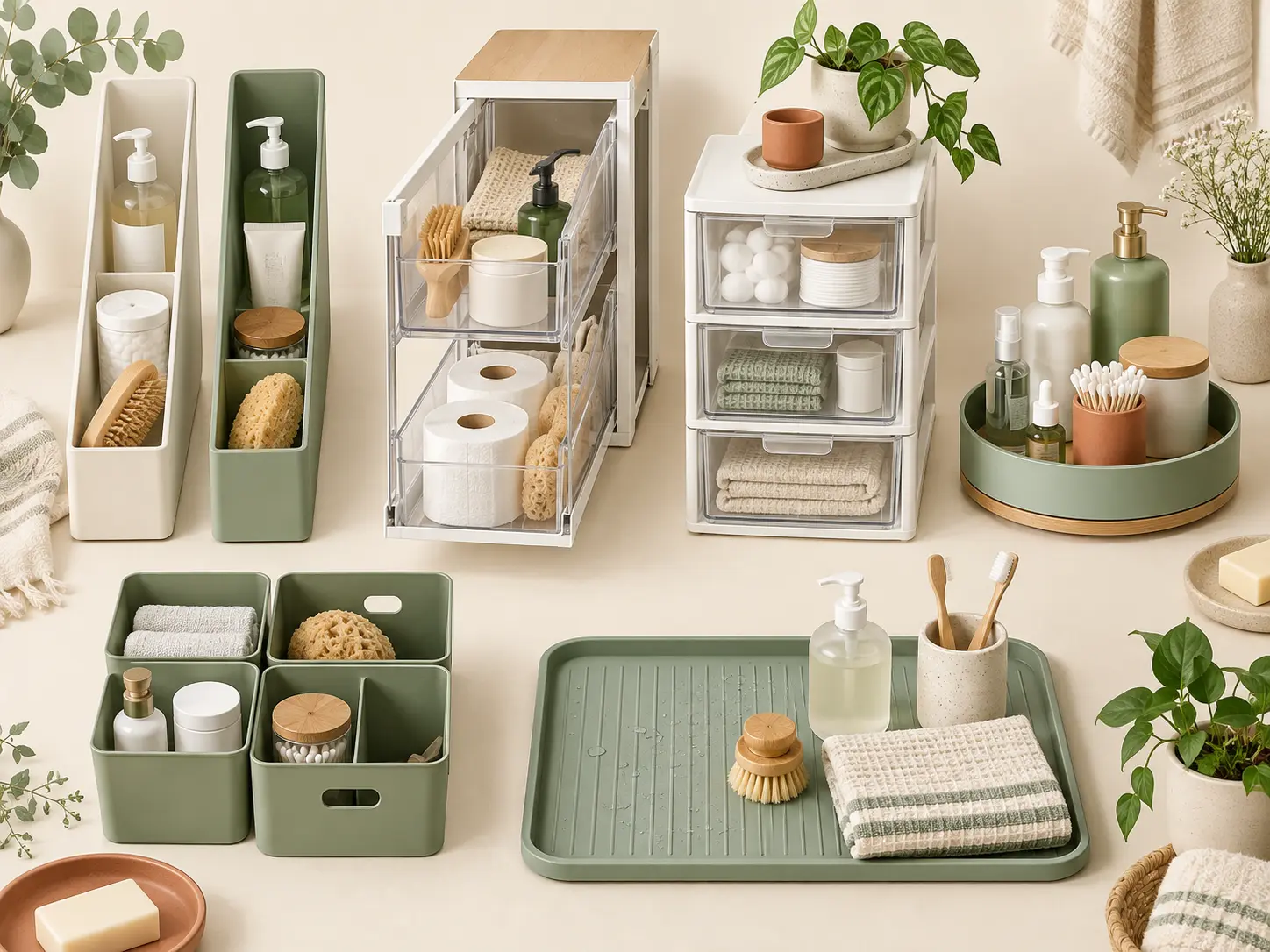 Bathroom organizer types for under sink storage including bins drawers trays and turntable