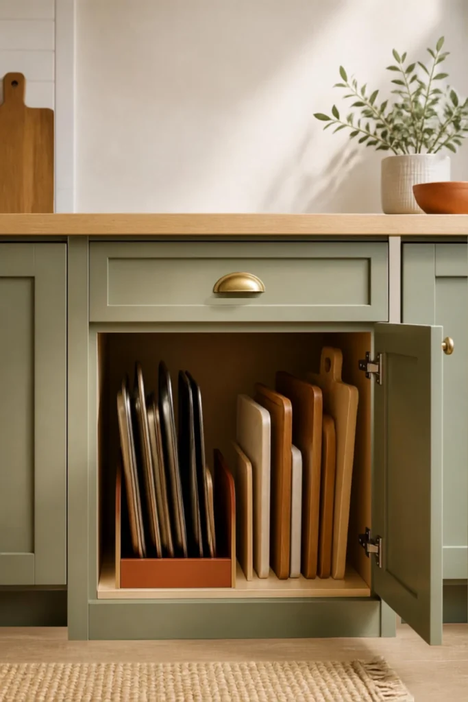 Baking sheets and cutting boards stored in separate vertical slots inside a cabinet