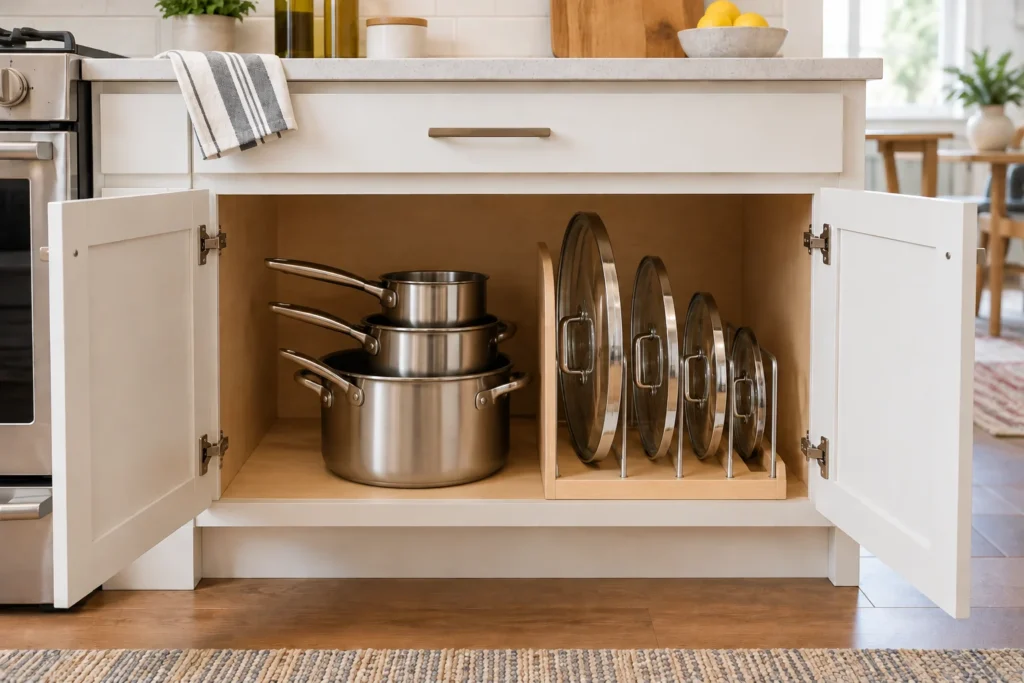 Four stainless steel pot lids arranged upright in a freestanding organizer beside nested saucepans inside a lower kitchen cabinet.