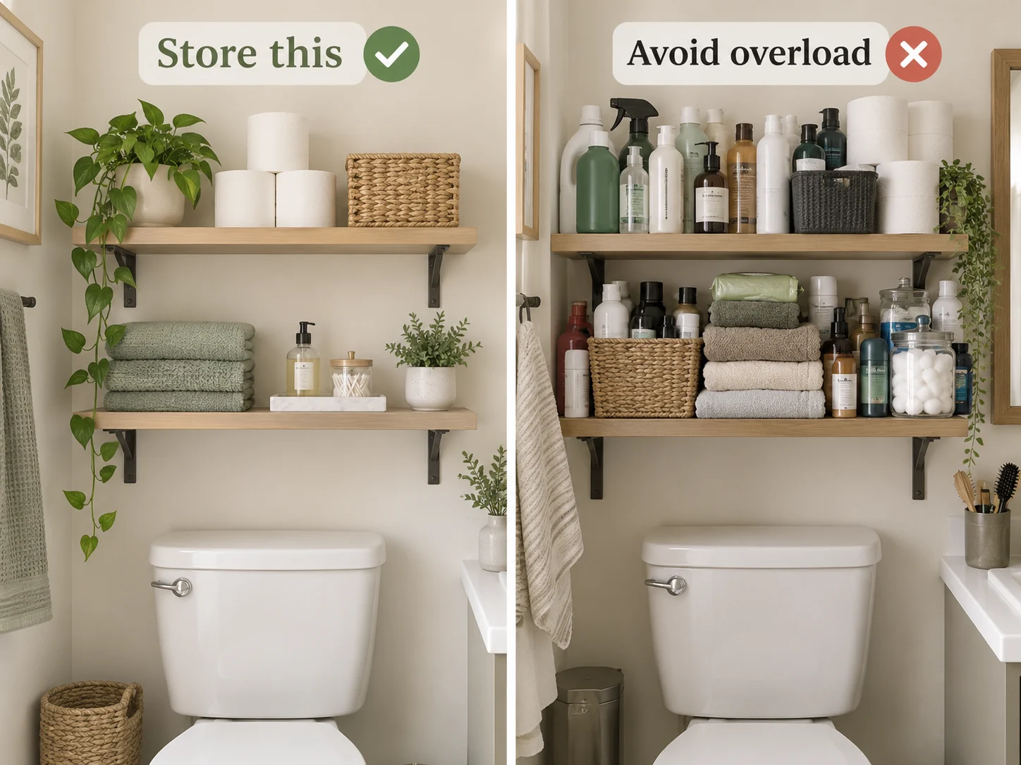 Comparison of organized lightweight bathroom storage above a toilet and an overloaded shelf with too many products